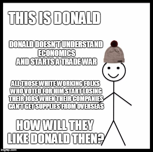 THIS IS DONALD HOW WILL THEY LIKE DONALD THEN? DONALD DOESN'T UNDERSTAND ECONOMICS AND STARTS A TRADE WAR ALL THOSE WHITE WORKING FOLKS WHO  | made w/ Imgflip meme maker
