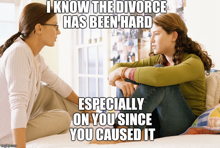 Mom and daughter | I KNOW THE DIVORCE HAS BEEN HARD; ESPECIALLY ON YOU SINCE YOU CAUSED IT | image tagged in mom and daughter | made w/ Imgflip meme maker