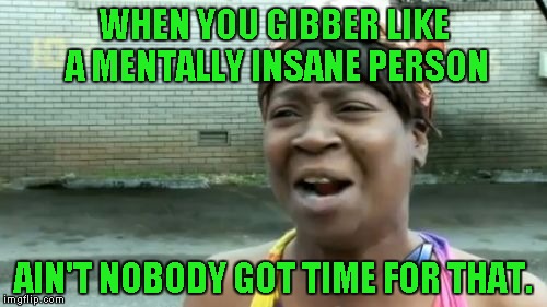 Ain't Nobody Got Time For That Meme | WHEN YOU GIBBER LIKE A MENTALLY INSANE PERSON AIN'T NOBODY GOT TIME FOR THAT. | image tagged in memes,aint nobody got time for that | made w/ Imgflip meme maker
