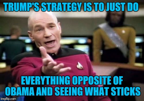 Picard Wtf | TRUMP'S STRATEGY IS TO JUST DO; EVERYTHING OPPOSITE OF OBAMA AND SEEING WHAT STICKS | image tagged in memes,picard wtf | made w/ Imgflip meme maker