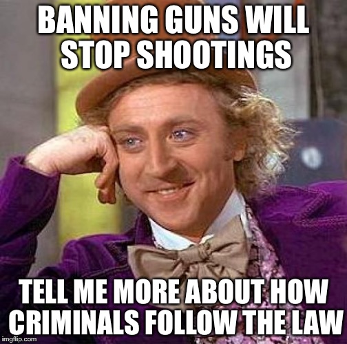 Creepy Condescending Wonka Meme | BANNING GUNS WILL STOP SHOOTINGS; TELL ME MORE ABOUT HOW CRIMINALS FOLLOW THE LAW | image tagged in memes,creepy condescending wonka | made w/ Imgflip meme maker