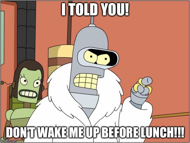 Bender Meme | I TOLD YOU! DON'T WAKE ME UP BEFORE LUNCH!!! | image tagged in memes,bender | made w/ Imgflip meme maker