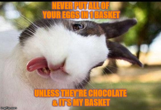 Bunny sticking out tongue  | NEVER PUT ALL OF YOUR EGGS IN 1 BASKET; UNLESS THEY'RE CHOCOLATE & IT'S MY BASKET | image tagged in bunny sticking out tongue | made w/ Imgflip meme maker