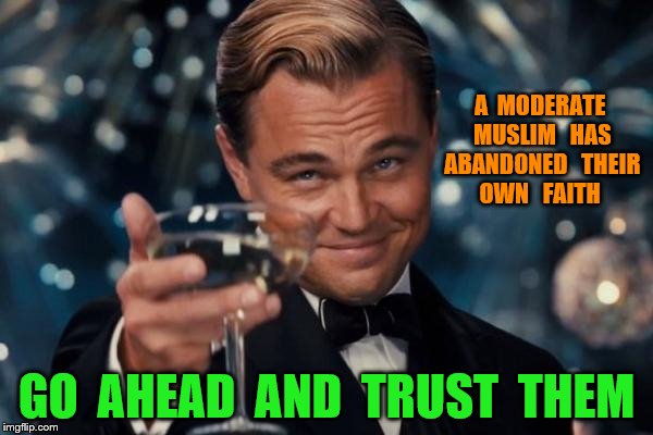 Leonardo Dicaprio Cheers Meme | A  MODERATE  MUSLIM   HAS  ABANDONED   THEIR  OWN   FAITH; GO  AHEAD  AND  TRUST  THEM | image tagged in memes,leonardo dicaprio cheers | made w/ Imgflip meme maker