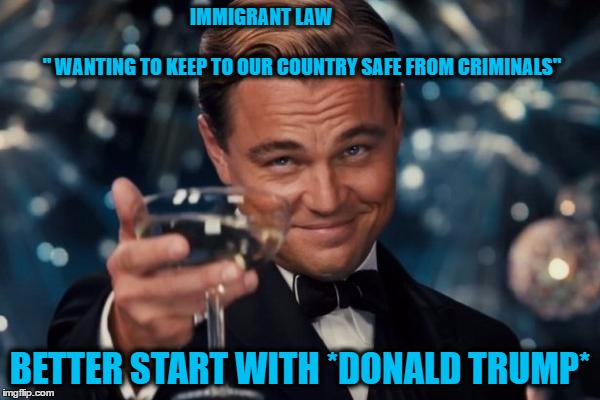 Don't throw stones...when you live in a glass house. | IMMIGRANT LAW                                                                        " WANTING TO KEEP TO OUR COUNTRY SAFE FROM CRIMINALS"; BETTER START WITH *DONALD TRUMP* | image tagged in memes,leonardo dicaprio cheers,donald trump,illegal immigration,political meme | made w/ Imgflip meme maker