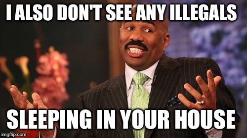 Steve Harvey Meme | I ALSO DON'T SEE ANY ILLEGALS SLEEPING IN YOUR HOUSE | image tagged in memes,steve harvey | made w/ Imgflip meme maker