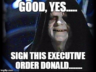 Emperor Palpatine | GOOD, YES..... SIGN THIS EXECUTIVE ORDER DONALD........ | image tagged in emperor palpatine | made w/ Imgflip meme maker