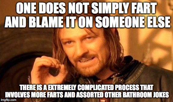 One Does Not Simply Meme | ONE DOES NOT SIMPLY FART AND BLAME IT ON SOMEONE ELSE; THERE IS A EXTREMELY COMPLICATED PROCESS THAT INVOLVES MORE FARTS AND ASSORTED OTHER BATHROOM JOKES | image tagged in memes,one does not simply | made w/ Imgflip meme maker