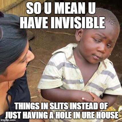 Third World Skeptical Kid Meme | SO U MEAN U HAVE INVISIBLE; THINGS IN SLITS INSTEAD OF JUST HAVING A HOLE IN URE HOUSE | image tagged in memes,third world skeptical kid | made w/ Imgflip meme maker