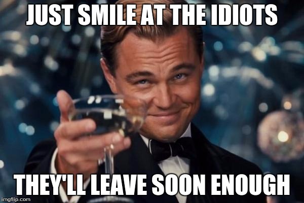Leonardo Dicaprio Cheers | JUST SMILE AT THE IDIOTS; THEY'LL LEAVE SOON ENOUGH | image tagged in memes,leonardo dicaprio cheers | made w/ Imgflip meme maker