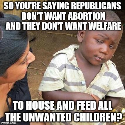 Imagine That Third World Skeptical Kid | SO YOU'RE SAYING REPUBLICANS DON'T WANT ABORTION AND THEY DON'T WANT WELFARE; TO HOUSE AND FEED ALL THE UNWANTED CHILDREN? | image tagged in memes,third world skeptical kid | made w/ Imgflip meme maker