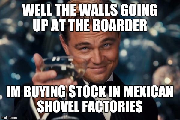 Leonardo Dicaprio Cheers Meme | WELL THE WALLS GOING UP AT THE BOARDER; IM BUYING STOCK IN MEXICAN SHOVEL FACTORIES | image tagged in memes,leonardo dicaprio cheers | made w/ Imgflip meme maker