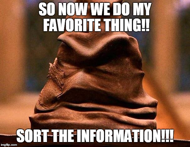Sorting hat | SO NOW WE DO MY FAVORITE THING!! SORT THE INFORMATION!!! | image tagged in sorting hat | made w/ Imgflip meme maker
