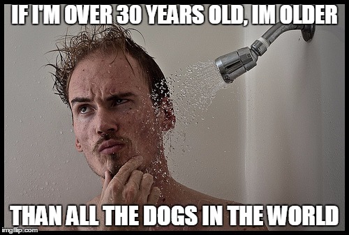 Shower Thoughts Meme | IF I'M OVER 30 YEARS OLD, IM OLDER; THAN ALL THE DOGS IN THE WORLD | image tagged in shower,thinking,thoughts | made w/ Imgflip meme maker