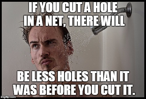 Shower Thoughts Meme | IF YOU CUT A HOLE IN A NET, THERE WILL; BE LESS HOLES THAN IT WAS BEFORE YOU CUT IT. | image tagged in cut | made w/ Imgflip meme maker