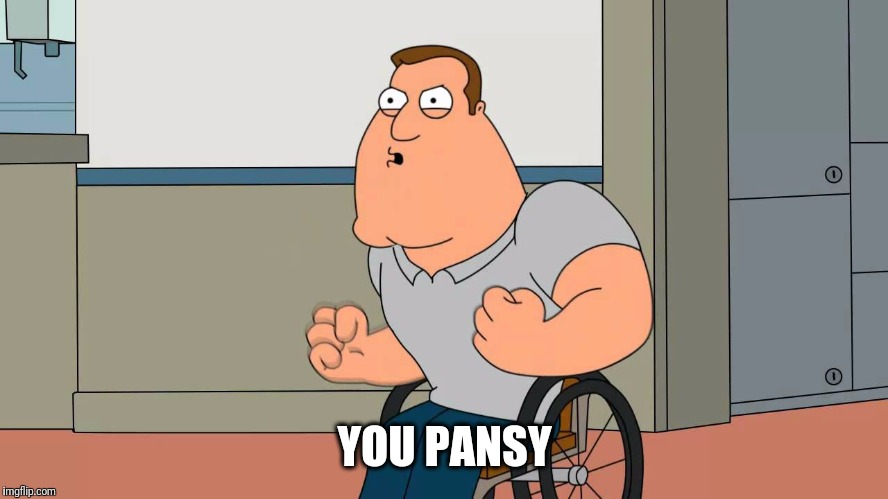 YOU PANSY | image tagged in family guy,memes,funny memes,joe biden,wheelchair,family guy peter | made w/ Imgflip meme maker