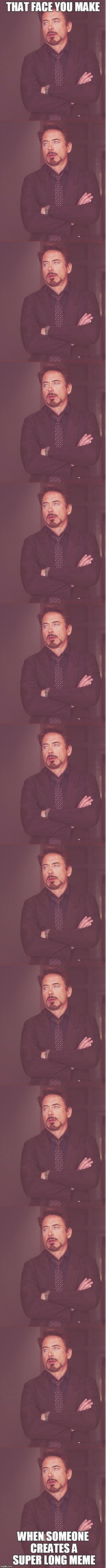 *WARNING* LONG MEME AHEAD! PREPARE YOUR SCROLL FINGER | THAT FACE YOU MAKE; WHEN SOMEONE CREATES A SUPER LONG MEME | image tagged in face you make robert downey jr,memes,trhtimmy | made w/ Imgflip meme maker