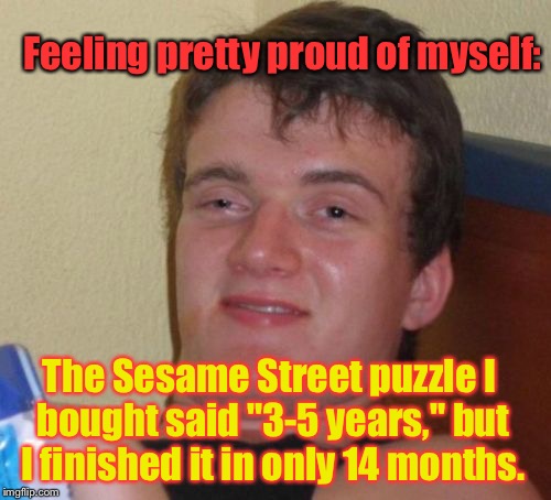 10 Guy | Feeling pretty proud of myself:; The Sesame Street puzzle I bought said "3-5 years," but I finished it in only 14 months. | image tagged in memes,10 guy | made w/ Imgflip meme maker