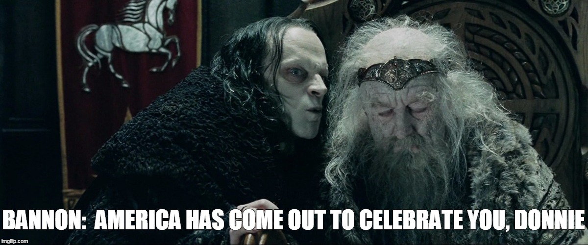 theoden | BANNON:  AMERICA HAS COME OUT TO CELEBRATE YOU, DONNIE | image tagged in theoden | made w/ Imgflip meme maker