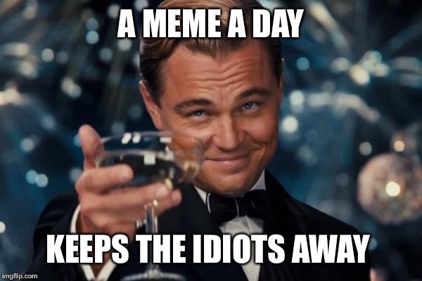 Leonardo Dicaprio Cheers | A MEME A DAY; KEEPS THE IDIOTS AWAY | image tagged in memes,leonardo dicaprio cheers | made w/ Imgflip meme maker