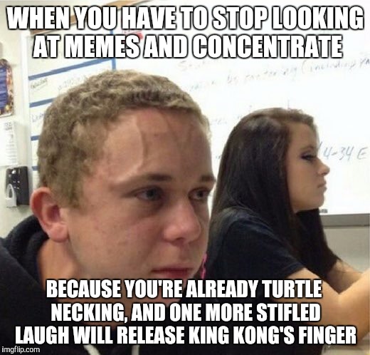 One false move... | WHEN YOU HAVE TO STOP LOOKING AT MEMES AND CONCENTRATE; BECAUSE YOU'RE ALREADY TURTLE NECKING, AND ONE MORE STIFLED LAUGH WILL RELEASE KING KONG'S FINGER | image tagged in veganstruggleguy | made w/ Imgflip meme maker