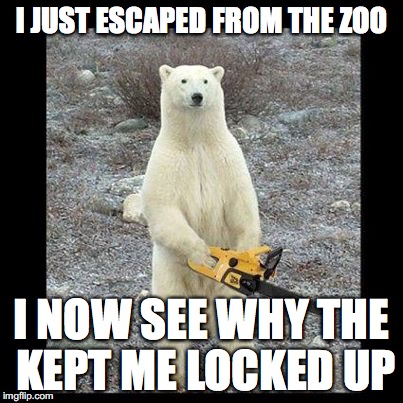 Chainsaw Bear | I JUST ESCAPED FROM THE ZOO; I NOW SEE WHY THE KEPT ME LOCKED UP | image tagged in memes,chainsaw bear | made w/ Imgflip meme maker