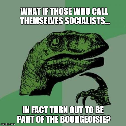 Philosoraptor Meme | WHAT IF THOSE WHO CALL THEMSELVES SOCIALISTS... IN FACT TURN OUT TO BE PART OF THE BOURGEOISIE? | image tagged in memes,philosoraptor | made w/ Imgflip meme maker