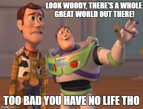 X, X Everywhere | LOOK WOODY, THERE'S A WHOLE GREAT WORLD OUT THERE! TOO BAD YOU HAVE NO LIFE THO | image tagged in memes,x x everywhere | made w/ Imgflip meme maker