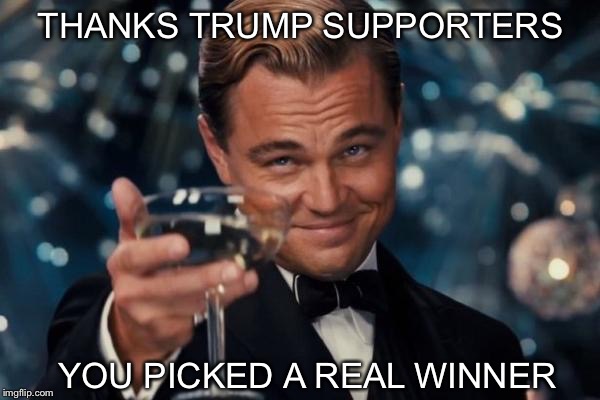 Leonardo Dicaprio Cheers Meme | THANKS TRUMP SUPPORTERS; YOU PICKED A REAL WINNER | image tagged in memes,leonardo dicaprio cheers | made w/ Imgflip meme maker