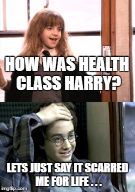 HOW WAS HEALTH CLASS HARRY? LETS JUST SAY IT SCARRED ME FOR LIFE . . . | image tagged in harry potter | made w/ Imgflip meme maker