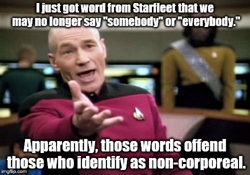 PC in the future | I just got word from Starfleet that we may no longer say "somebody" or "everybody."; Apparently, those words offend those who identify as non-corporeal. | image tagged in memes,picard wtf | made w/ Imgflip meme maker