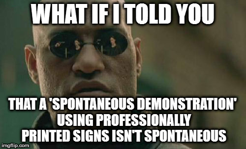 Matrix Morpheus Meme | WHAT IF I TOLD YOU; THAT A 'SPONTANEOUS DEMONSTRATION' USING PROFESSIONALLY PRINTED SIGNS ISN'T SPONTANEOUS | image tagged in memes,matrix morpheus | made w/ Imgflip meme maker