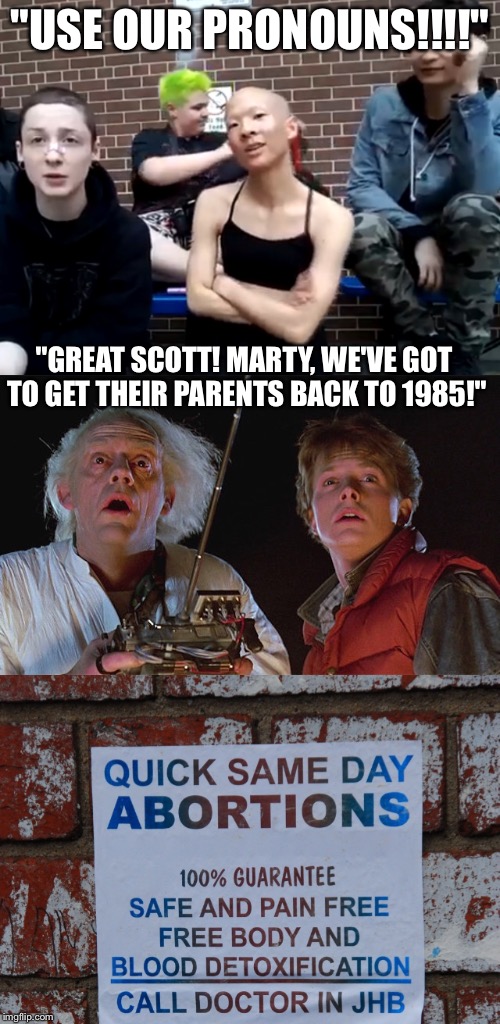 Snowflake Cringe | "USE OUR PRONOUNS!!!!"; "GREAT SCOTT! MARTY, WE'VE GOT TO GET THEIR PARENTS BACK TO 1985!" | image tagged in feminist,non binary,cringe,snowflakes | made w/ Imgflip meme maker
