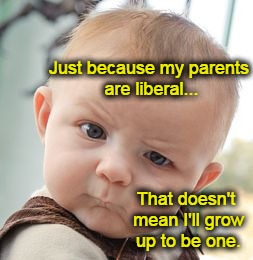 Skeptical Baby Meme | Just because my parents are liberal... That doesn't mean I'll grow up to be one. | image tagged in memes,skeptical baby | made w/ Imgflip meme maker