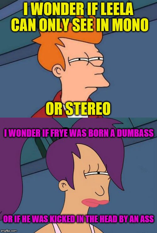 I WONDER IF LEELA CAN ONLY SEE IN MONO; OR STEREO; I WONDER IF FRYE WAS BORN A DUMBASS; OR IF HE WAS KICKED IN THE HEAD BY AN ASS | image tagged in memes,frye,leela,futurama | made w/ Imgflip meme maker