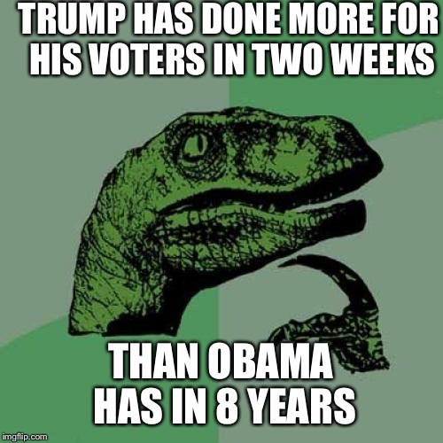 Philosoraptor Meme | TRUMP HAS DONE MORE FOR HIS VOTERS IN TWO WEEKS; THAN OBAMA HAS IN 8 YEARS | image tagged in memes,philosoraptor | made w/ Imgflip meme maker