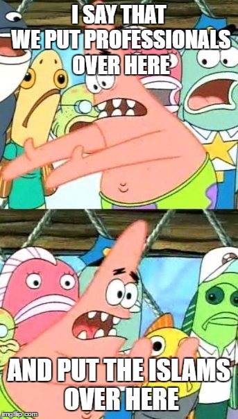 Put It Somewhere Else Patrick Meme | I SAY THAT WE PUT PROFESSIONALS OVER HERE; AND PUT THE ISLAMS OVER HERE | image tagged in memes,put it somewhere else patrick | made w/ Imgflip meme maker