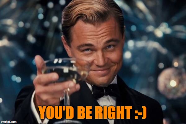 Leonardo Dicaprio Cheers Meme | YOU'D BE RIGHT :-) | image tagged in memes,leonardo dicaprio cheers | made w/ Imgflip meme maker