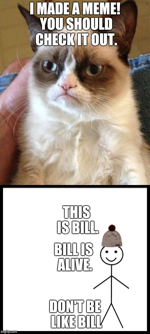 Grumpy Cat finds Imgflip | I MADE A MEME! YOU SHOULD CHECK IT OUT. THIS IS BILL. BILL IS ALIVE. DON'T BE LIKE BILL | image tagged in grumpy cat,be like bill | made w/ Imgflip meme maker