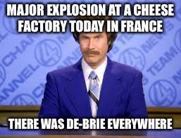 anchor man | MAJOR EXPLOSION AT A CHEESE FACTORY TODAY IN FRANCE; THERE WAS DE-BRIE EVERYWHERE | image tagged in anchor man | made w/ Imgflip meme maker