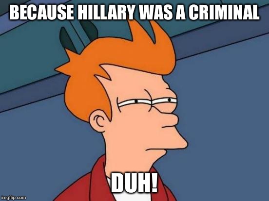 Futurama Fry Meme | BECAUSE HILLARY WAS A CRIMINAL DUH! | image tagged in memes,futurama fry | made w/ Imgflip meme maker