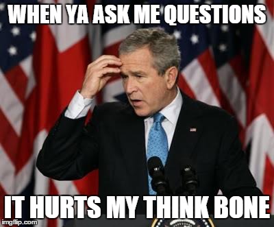 George w Bush | WHEN YA ASK ME QUESTIONS; IT HURTS MY THINK BONE | image tagged in george w bush | made w/ Imgflip meme maker