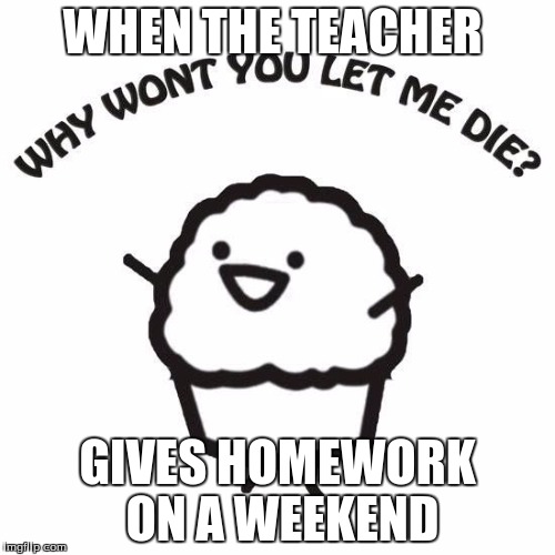 not a fan of homework  | WHEN THE TEACHER; GIVES HOMEWORK ON A WEEKEND | image tagged in homework | made w/ Imgflip meme maker