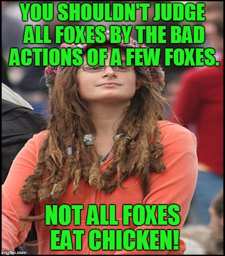 YOU SHOULDN'T JUDGE ALL FOXES BY THE BAD ACTIONS OF A FEW FOXES. NOT ALL FOXES EAT CHICKEN! | made w/ Imgflip meme maker