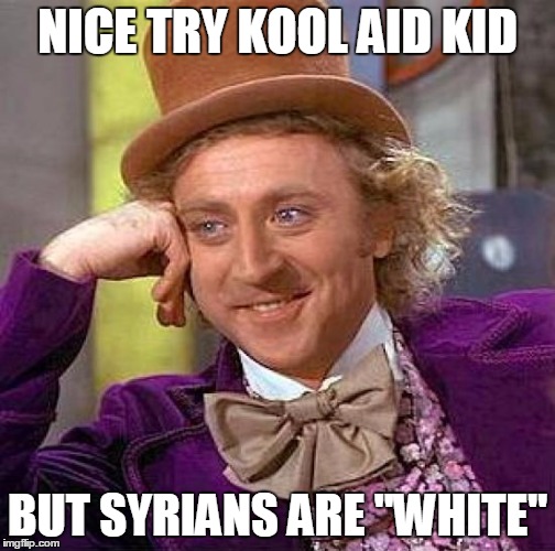 Creepy Condescending Wonka Meme | NICE TRY KOOL AID KID BUT SYRIANS ARE "WHITE" | image tagged in memes,creepy condescending wonka | made w/ Imgflip meme maker