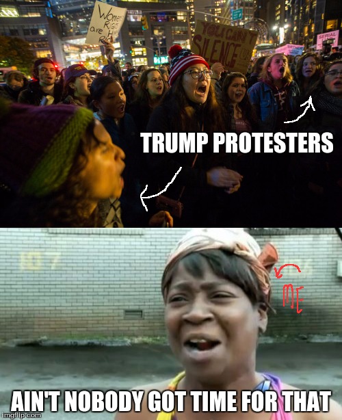 reality | TRUMP PROTESTERS; AIN'T NOBODY GOT TIME FOR THAT | image tagged in aint nobody got time for that | made w/ Imgflip meme maker