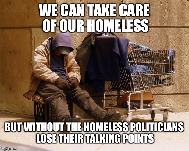 Homeless | WE CAN TAKE CARE OF OUR HOMELESS; BUT WITHOUT THE HOMELESS POLITICIANS LOSE THEIR TALKING POINTS | image tagged in homeless | made w/ Imgflip meme maker