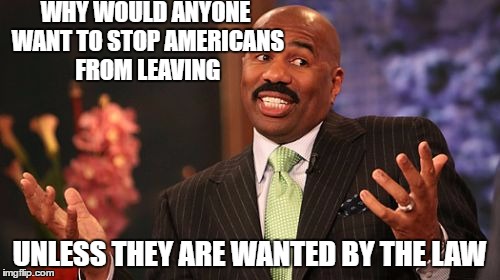 Steve Harvey Meme | WHY WOULD ANYONE WANT TO STOP AMERICANS FROM LEAVING UNLESS THEY ARE WANTED BY THE LAW | image tagged in memes,steve harvey | made w/ Imgflip meme maker