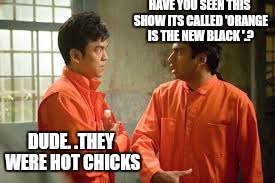 Evan in prison, theres a friendzone... | HAVE YOU SEEN THIS SHOW ITS CALLED 'ORANGE IS THE NEW BLACK '.? DUDE. .THEY WERE HOT CHICKS | image tagged in memes,aint nobody got time for that,third world problems | made w/ Imgflip meme maker