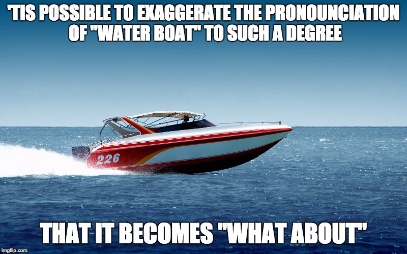 Water boat trying yourself? | 'TIS POSSIBLE TO EXAGGERATE THE PRONOUNCIATION OF "WATER BOAT" TO SUCH A DEGREE; THAT IT BECOMES "WHAT ABOUT" | image tagged in funny,language,pronounciation | made w/ Imgflip meme maker